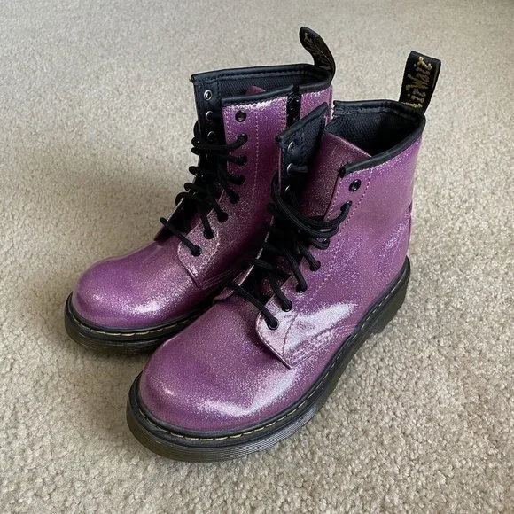 Dr. Martens Dark Pink and Silver Glitter Boots, Lace Up, Youth Size 3, Durable - Picture 2 of 9